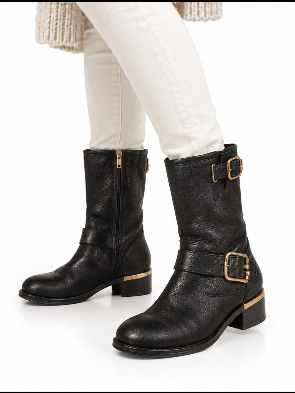 Vince Camuto S7 Wadima Leather Mid Moto Black Biker Grunge Western  Boots Winter